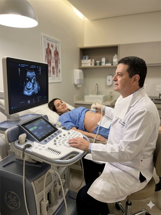 Dr. Carlos Macedo realizando exame de ultrassonografia em paciente
